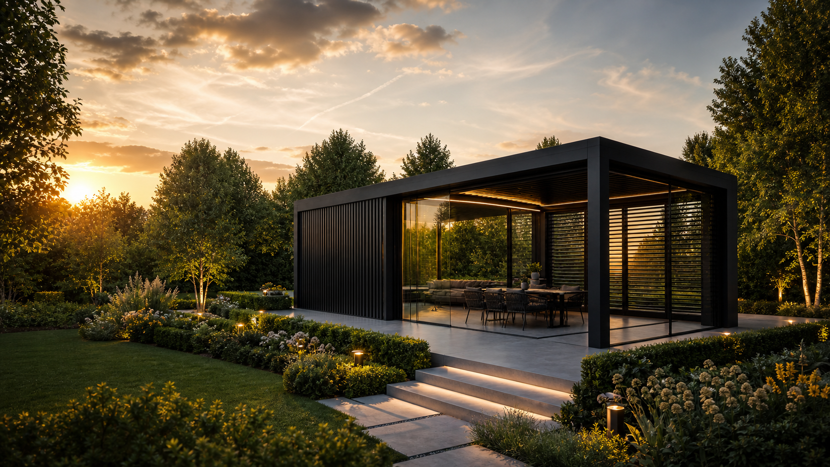 Premium Lamellendach Pergola mit Glasschiebewänden und Abendbeleuchtung im Garten